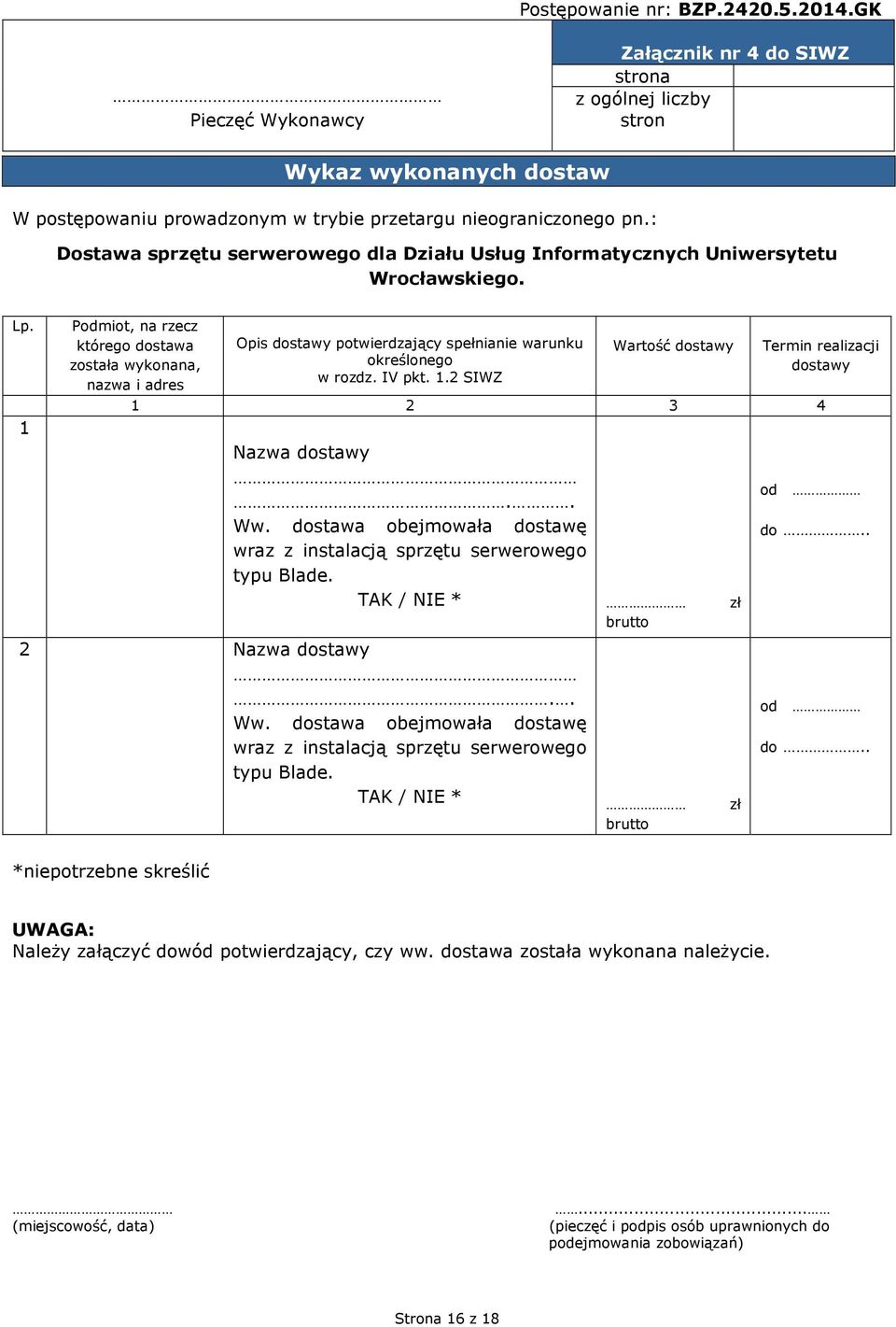 1 Podmiot, na rzecz którego dostawa została wykonana, nazwa i adres Opis dostawy potwierdzający spełnianie warunku określonego w rozdz. IV pkt. 1.