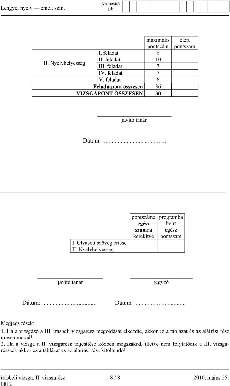 Nyelvhelyesség pontszáma egész számra kerekítve programba beírt egész pontszám javító tanár jegyző Dátum:... Dátum:... Megjegyzések: 1. Ha a vizsgázó a III.
