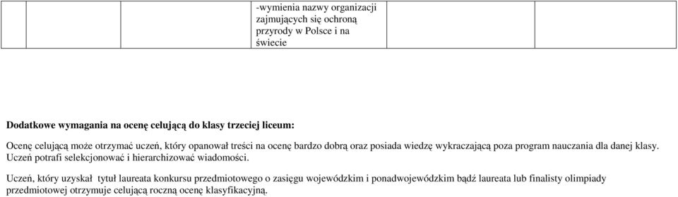 nauczania dla danej klasy. Uczeń potrafi selekcjonować i hierarchizować wiadomości.