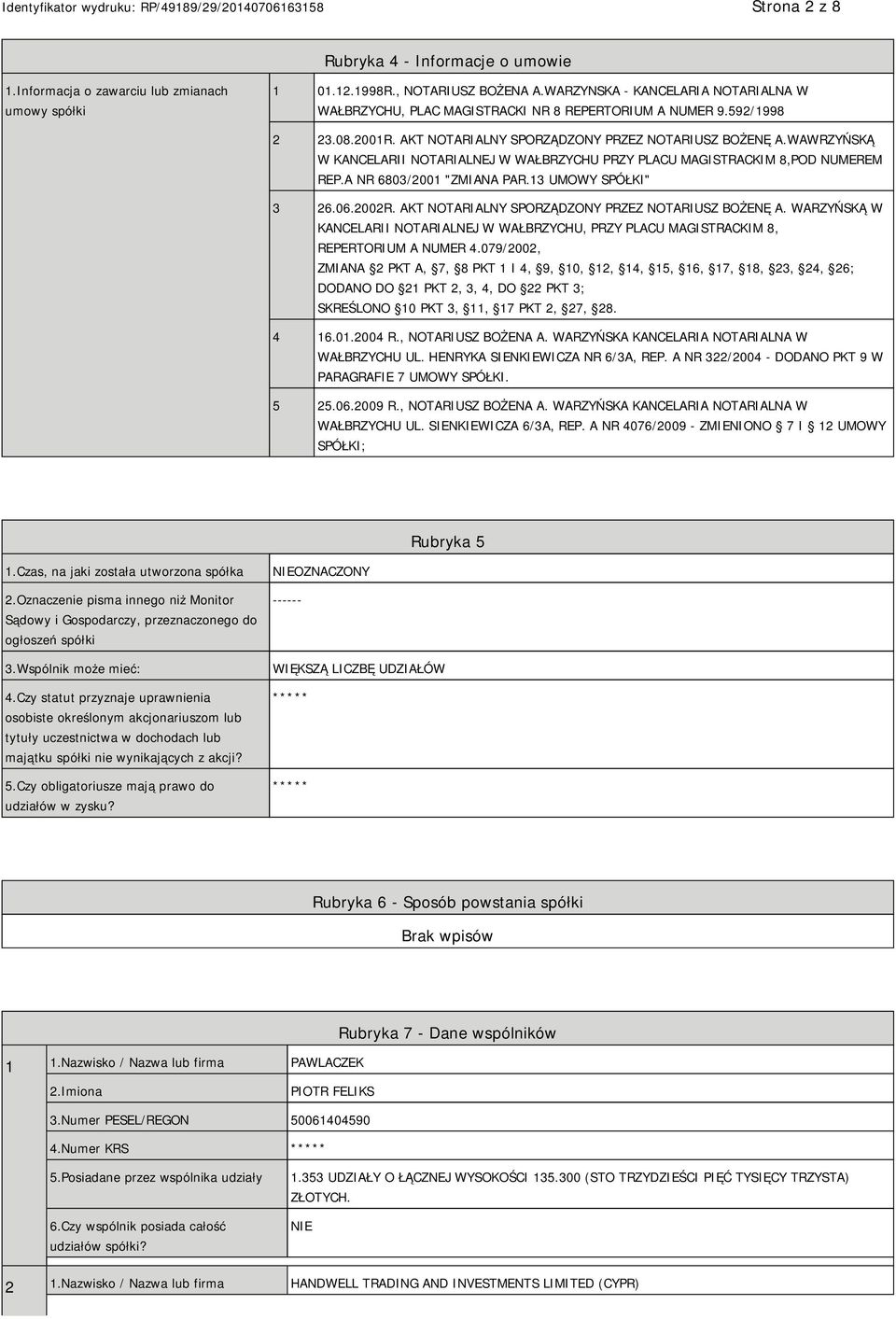 WAWRZYŃSKĄ W KANCELARII NOTARIALNEJ W WAŁBRZYCHU PRZY PLACU MAGISTRACKIM 8,POD NUMEREM REP.A NR 6803/2001 "ZMIANA PAR.13 UMOWY SPÓŁKI" 3 26.06.2002R.