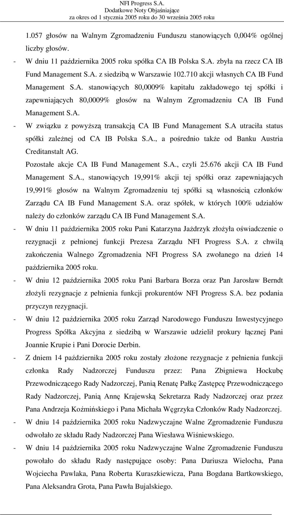 A utraciła status spółki zależnej od CA IB Polska S.A., a pośrednio także od Banku Austria Creditanstalt AG. Pozostałe akcje CA IB Fund Management S.A., czyli 25.676 akcji CA IB Fund Management S.A., stanowiących 19,991% akcji tej spółki oraz zapewniających 19,991% głosów na Walnym Zgromadzeniu tej spółki są własnością członków Zarządu CA IB Fund Management S.