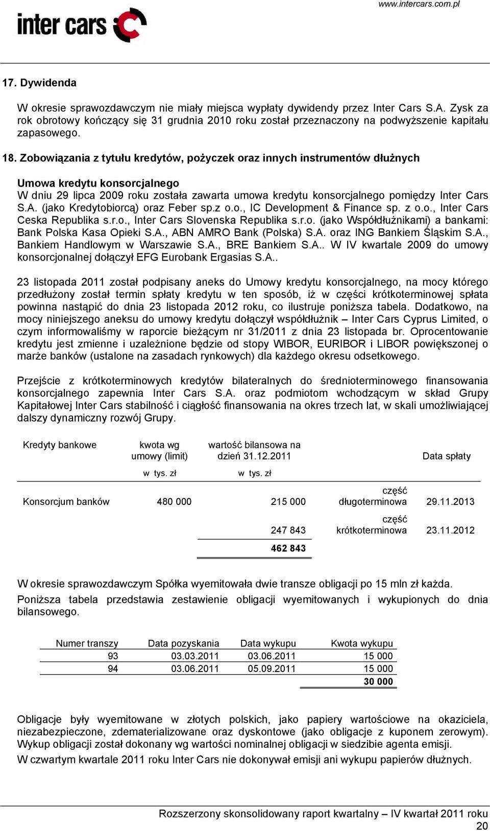 Zobowiązania z tytułu kredytów, pożyczek oraz innych instrumentów dłużnych Umowa kredytu konsorcjalnego W dniu 29 lipca 2009 roku została zawarta umowa kredytu konsorcjalnego pomiędzy Inter Cars S.A.