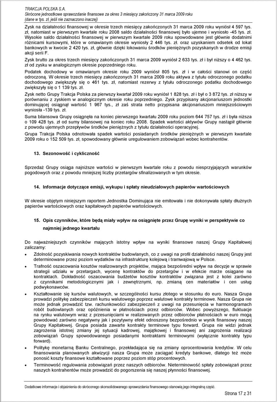 Wysokie saldo działalności finansowej w pierwszym kwartale 2009 roku spowodowane jest głównie dodatnimi różnicami kursowymi, które w omawianym okresie wyniosły 2 446 tys. zł.