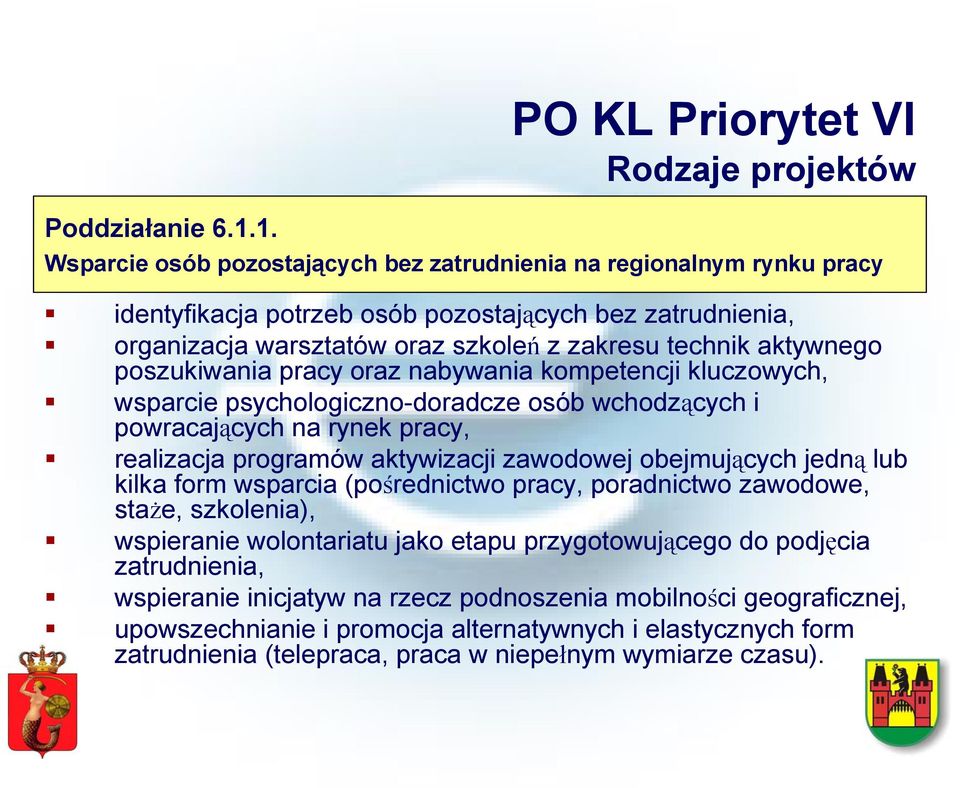 szkoleń z zakresu technik aktywnego poszukiwania pracy oraz nabywania kompetencji kluczowych, wsparcie psychologiczno-doradcze osób wchodzących i powracających na rynek pracy, realizacja programów