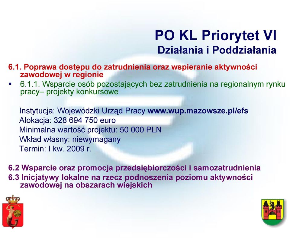 1. Wsparcie osób pozostających bez zatrudnienia na regionalnym rynku pracy projekty konkursowe Instytucja: Wojewódzki Urząd Pracy www.wup.