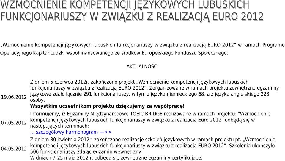 zakończono projekt Wzmocnienie kompetencji językowych lubuskich funkcjonariuszy w związku z realizacją EURO 2012.