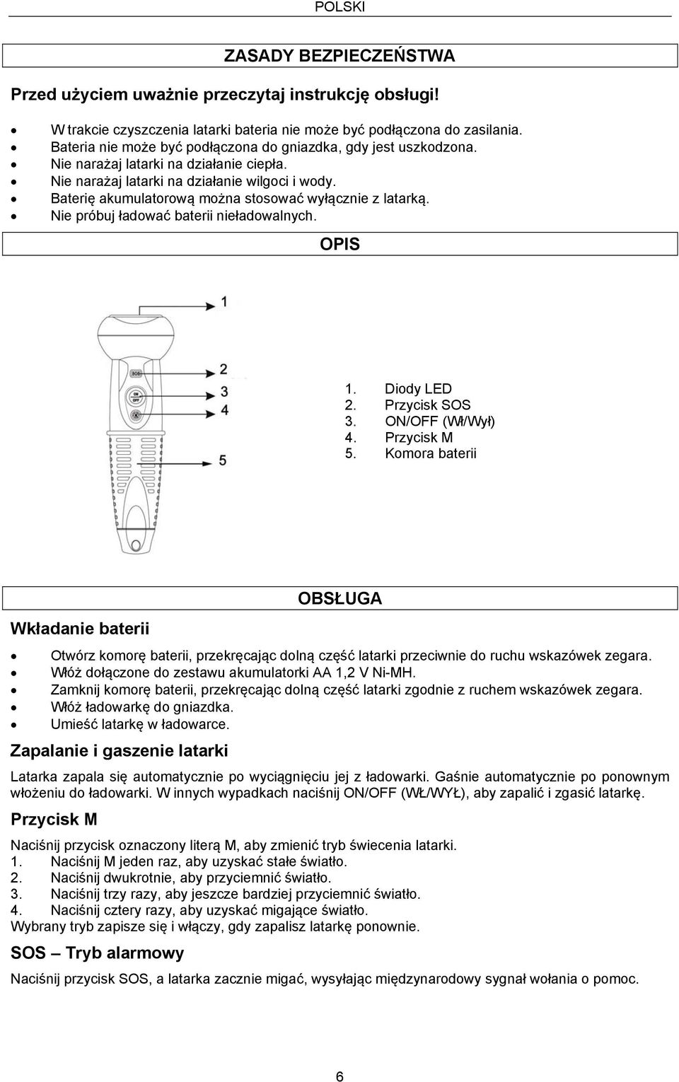 Baterię akumulatorową można stosować wyłącznie z latarką. Nie próbuj ładować baterii nieładowalnych. OPIS 1. Diody LED 2. Przycisk SOS 3. ON/OFF (Wł/Wył) 4. Przycisk M 5.