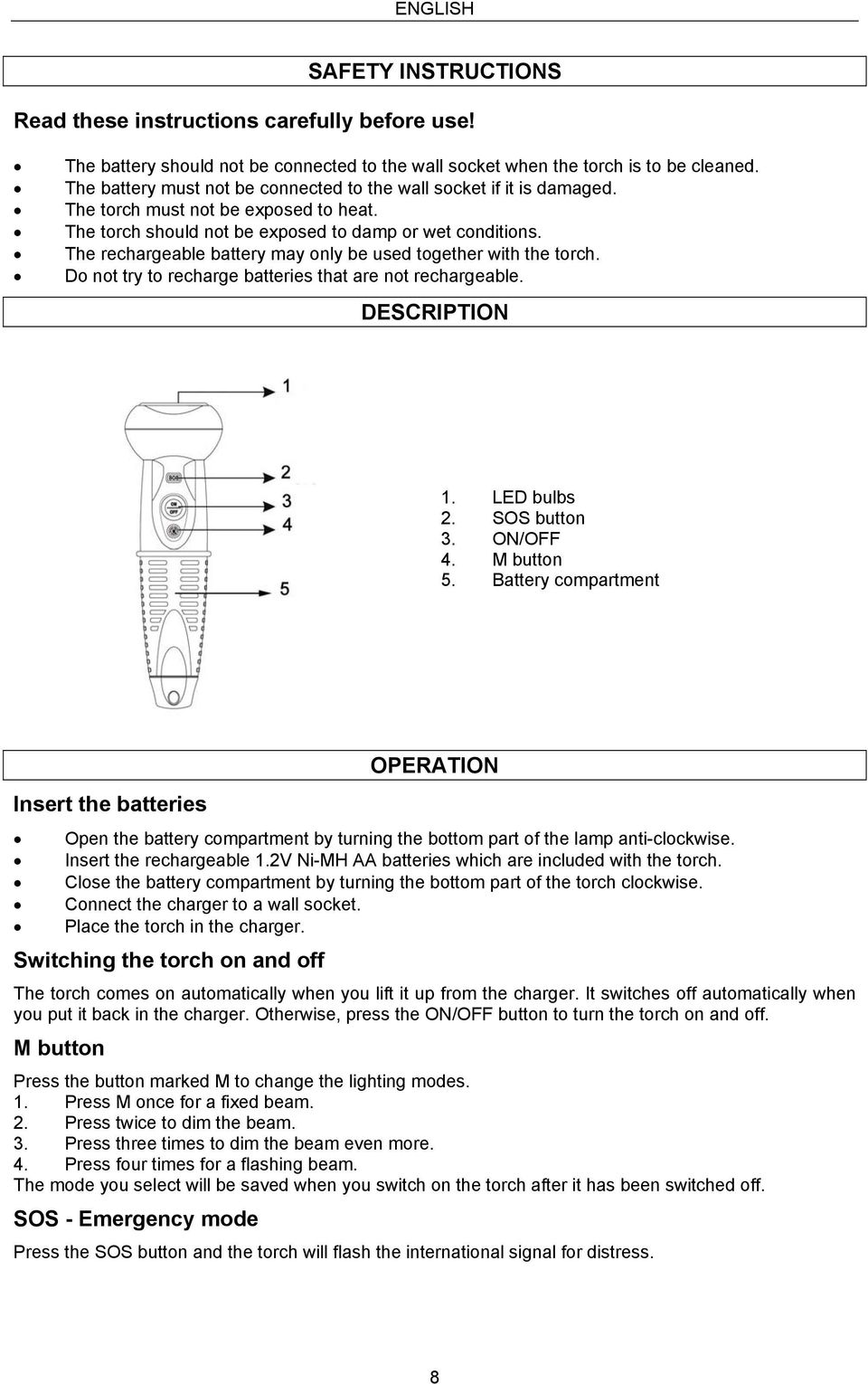 The rechargeable battery may only be used together with the torch. Do not try to recharge batteries that are not rechargeable. DESCRIPTION 1. LED bulbs 2. SOS button 3. ON/OFF 4. M button 5.