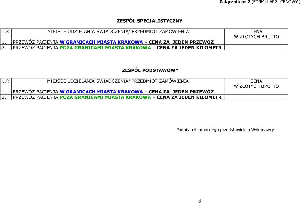 PRZEWÓZ PACJENTA POZA GRANICAMI MIASTA KRAKOWA CENA ZA JEDEN KILOMETR ZESPÓŁ PODSTAWOWY L.P. MIEJSCE UDZIELANIA ŚWIADCZENIA/ PRZEDMIOT ZAMÓWIENIA CENA W ZŁOTYCH BRUTTO 1.