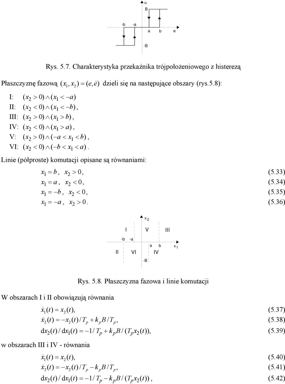 Płaszczyzna fazowa i linie komutacji W obszaach I i II obowiązują ównania x = x( (5.37) x = x / T k B / T, (5.38) ( dx ()/ t dx () t = / T k B/( T x ()), t (5.