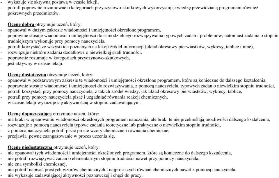 zadań i problemów, natomiast zadania o stopniu trudniejszym wykonuje przy pomocy nauczyciela, - potrafi korzystać ze wszystkich poznanych na lekcji źródeł informacji (układ okresowy pierwiastków,