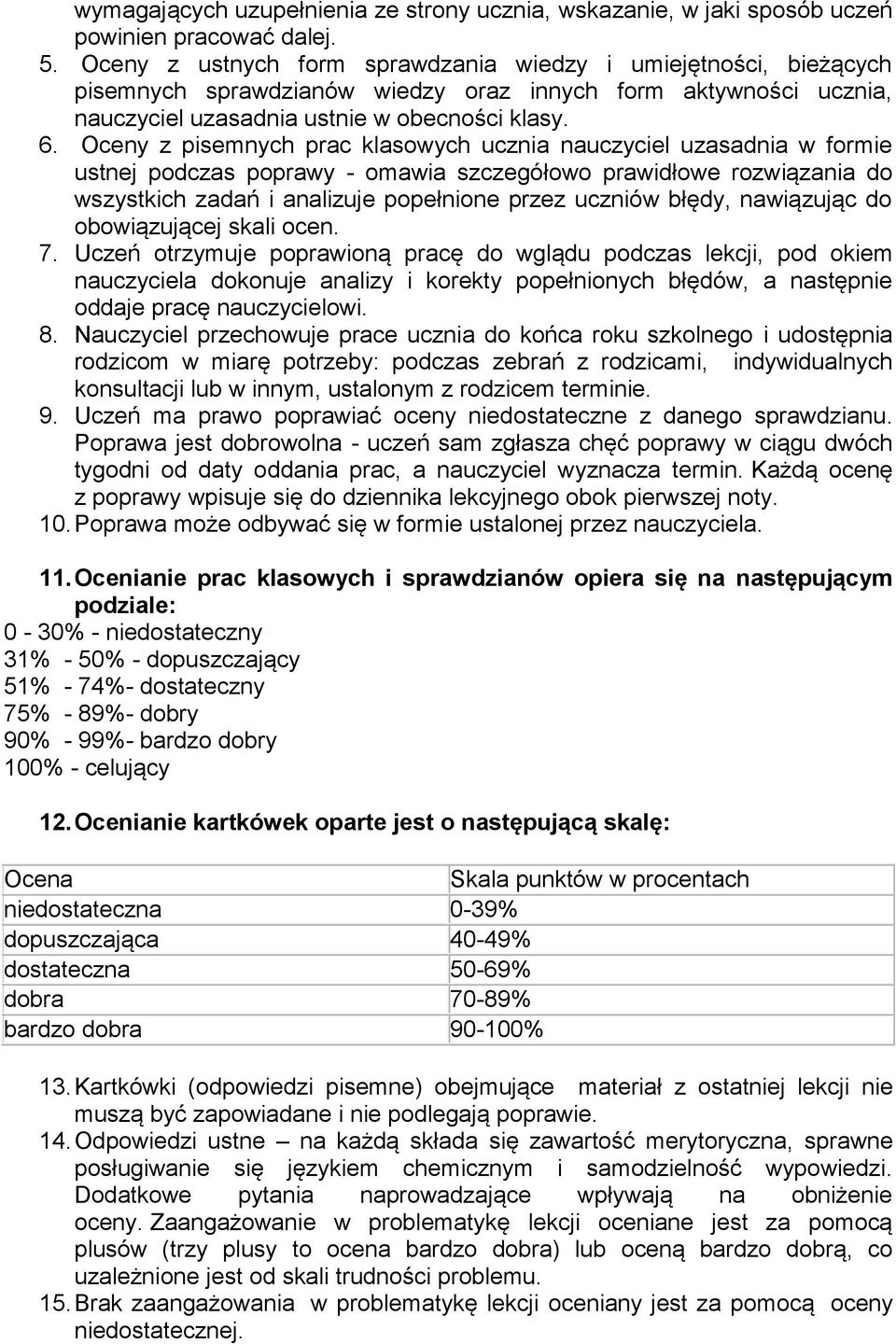 Oceny z pisemnych prac klasowych ucznia nauczyciel uzasadnia w formie ustnej podczas poprawy - omawia szczegółowo prawidłowe rozwiązania do wszystkich zadań i analizuje popełnione przez uczniów