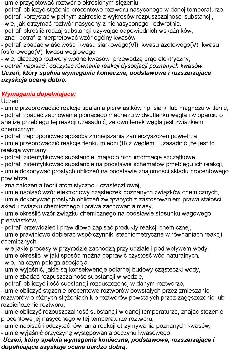 - potrafi określić rodzaj substancji używając odpowiednich wskaźników, - zna i potrafi zinterpretować wzór ogólny kwasów, - potrafi zbadać właściwości kwasu siarkowego(vi), kwasu azotowego(v), kwasu