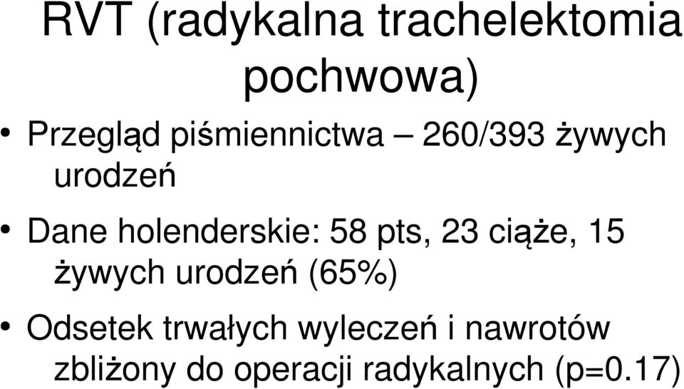 58 pts, 23 ciąże, 15 żywych urodzeń (65%) Odsetek