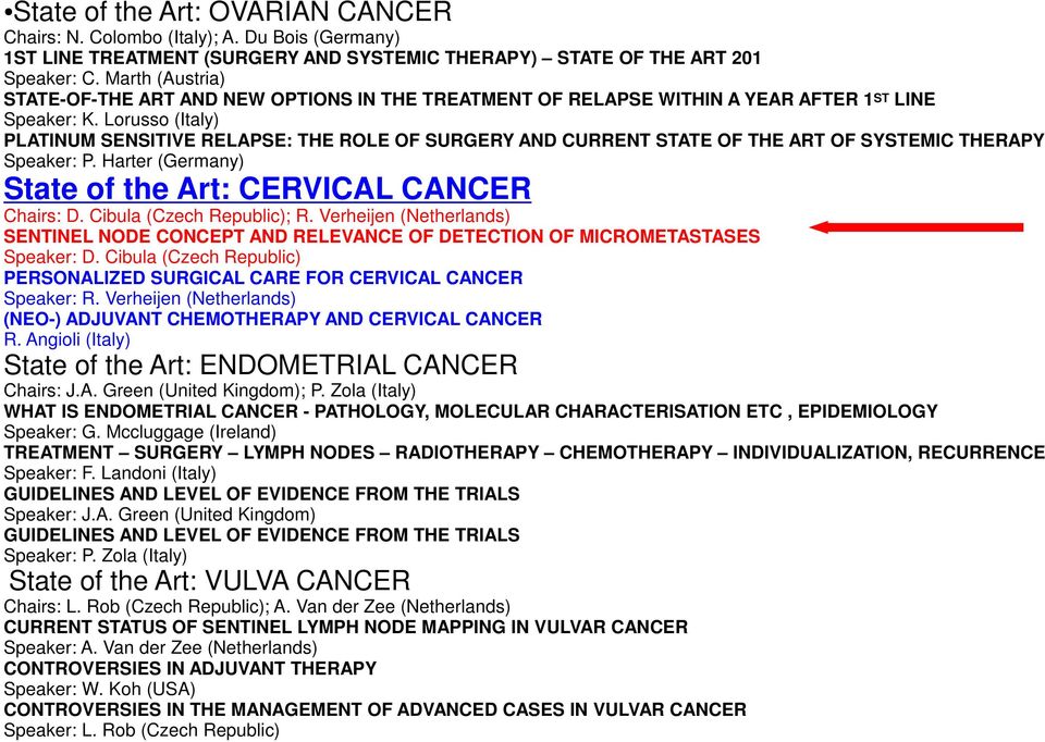 Lorusso (Italy) PLATINUM SENSITIVE RELAPSE: THE ROLE OF SURGERY AND CURRENT STATE OF THE ART OF SYSTEMIC THERAPY Speaker: P. Harter (Germany) State of the Art: CERVICAL CANCER Chairs: D.