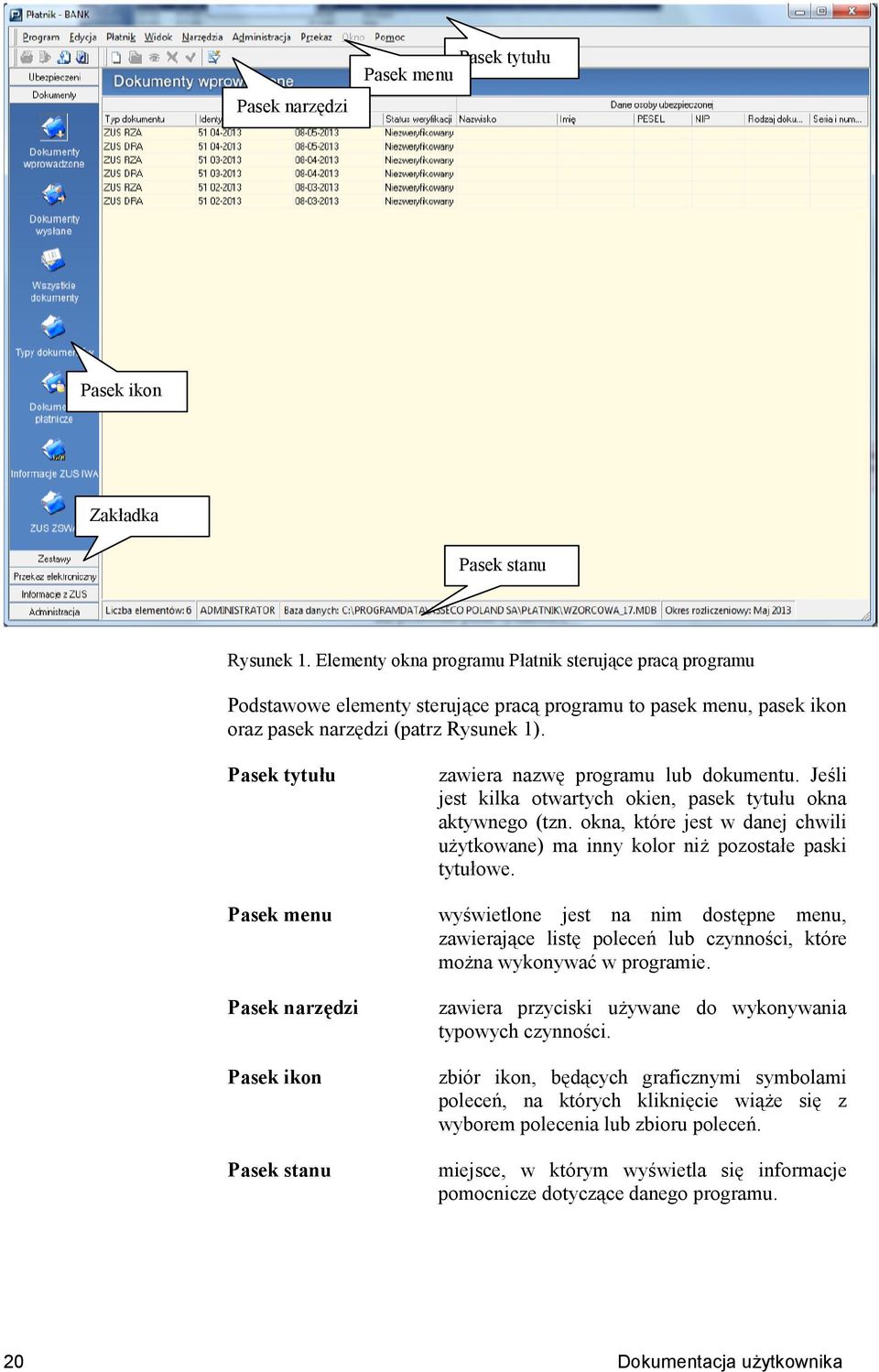 Pasek tytuu zawiera nazwk programu lub dokumentu. Je$li jest kilka otwartych okien, pasek tytuu okna aktywnego (tzn. okna, które jest w danej chwili uytkowane) ma inny kolor ni pozostae paski tytuowe.