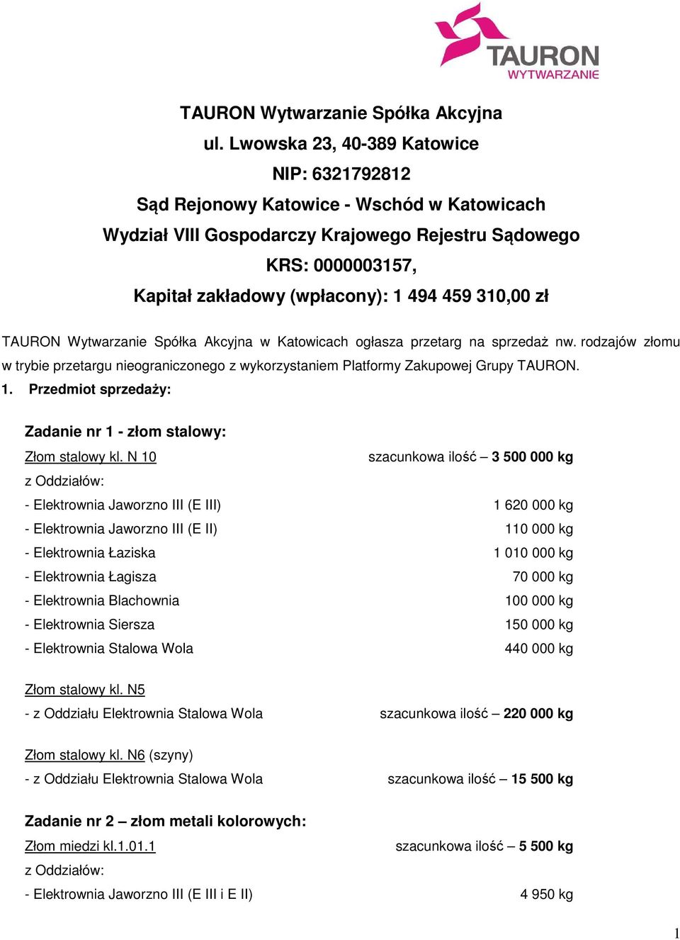 310,00 zł TAURON Wytwarzanie Spółka Akcyjna w Katowicach ogłasza przetarg na sprzedaż nw. rodzajów złomu w trybie przetargu nieograniczonego z wykorzystaniem Platformy Zakupowej Grupy TAURON. 1.