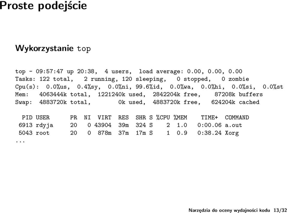 0%st Mem: 4063444k total, 1221240k used, 2842204k free, 87208k buffers Swap: 4883720k total, 0k used, 4883720k free, 624204k cached PID