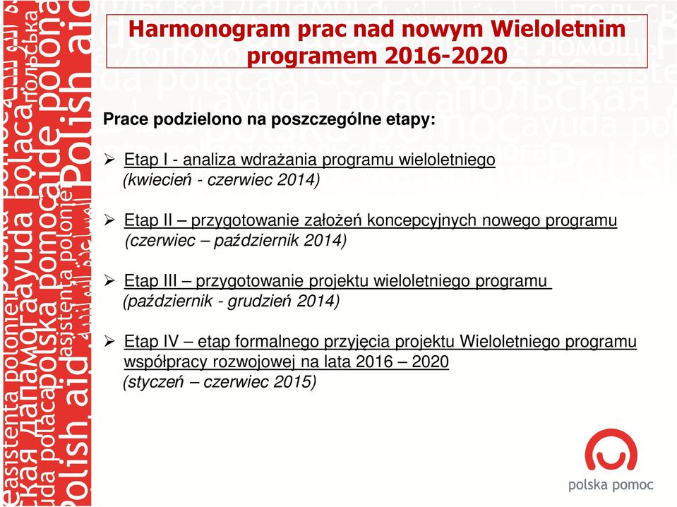 (czerwiec październik 2014) Etap III przygotowanie projektu wieloletniego programu (październik - grudzień 2014) Etap