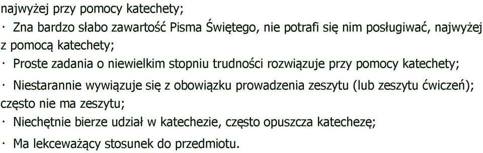 rozwiązuje przy pomocy katechety; Niestarannie wywiązuje się z obowiązku prowadzenia zeszytu