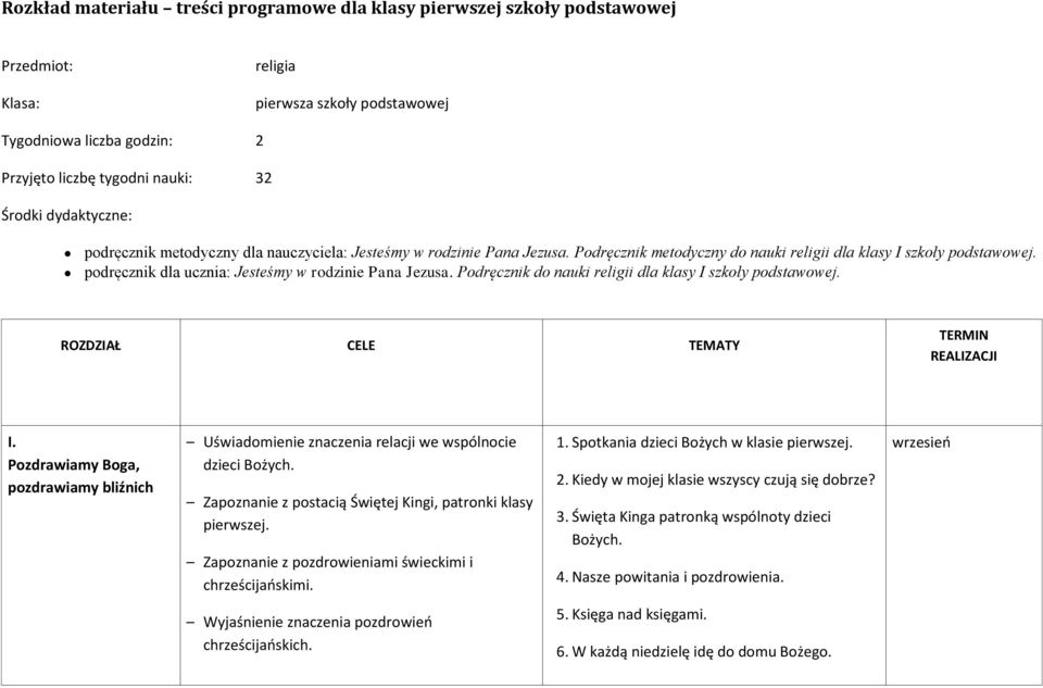 podręcznik dla ucznia: Jesteśmy w rodzinie Pana Jezusa. Podręcznik do nauki religii dla klasy I szkoły podstawowej. ROZDZIAŁ CELE TEMATY TERMIN REALIZACJI I.