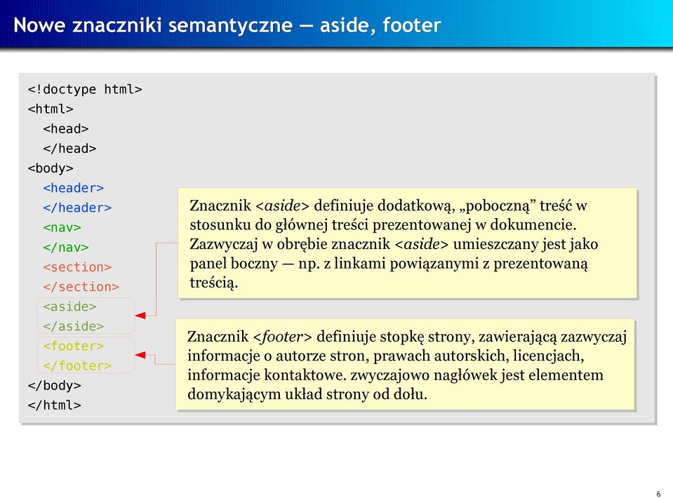 <aside> definiuje dodatkową, poboczną treść w stosunku do głównej treści prezentowanej w dokumencie.