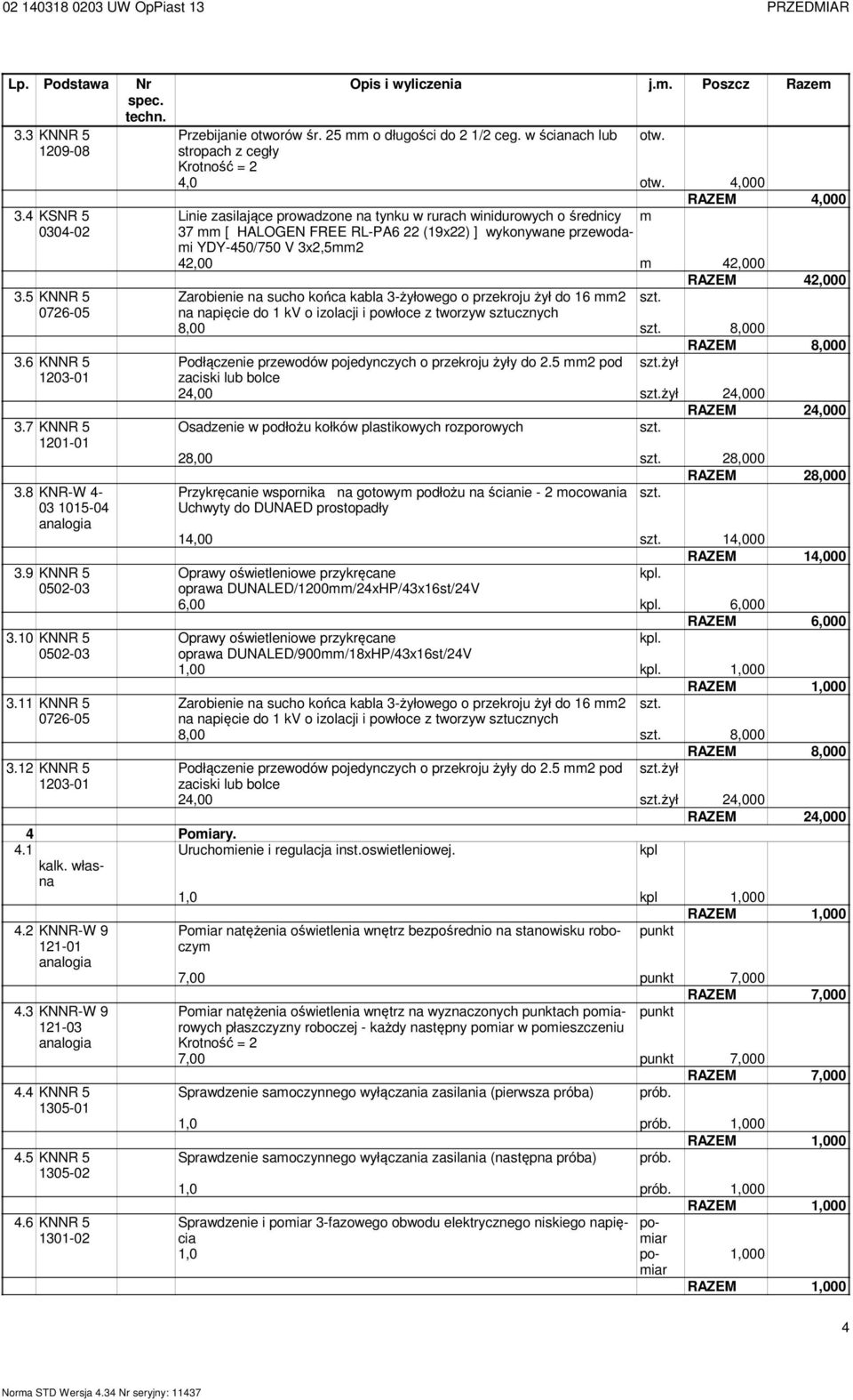 4,000 RAZEM 4,000 Linie zasilające prowadzone na tynku w rurach winidurowych o średnicy m 37 mm [ HALOGEN FREE RL-PA6 22 (19x22) ] wykonywane przewodami YDY-450/750 V 3x2,5mm2 42,00 m 42,000 RAZEM