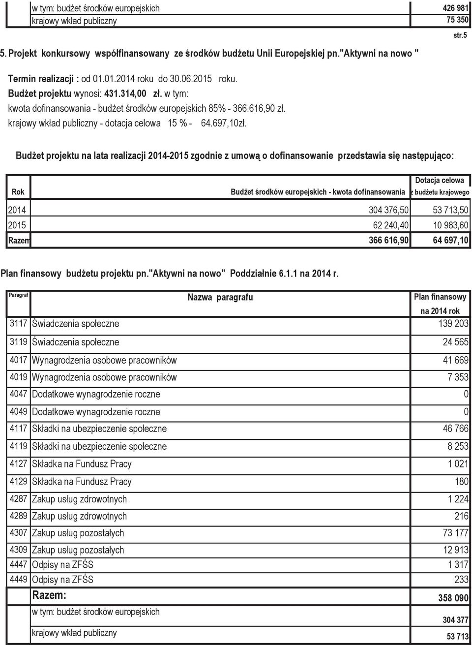 krajowy wkład publiczny - dotacja celowa 15 % - 64.697,10zł. str.