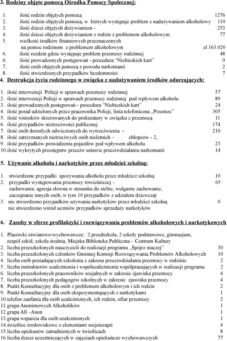 wielkość środków finansowych przeznaczonych na pomoc rodzinom z problemem alkoholowym zł 163.020 6. ilość rozdzin gdzie występuje problem przemocy rodzinnej 48 6.