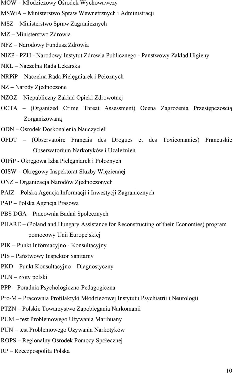 Zdrowotnej OCTA (Organized Crime Threat Assessment) Ocena Zagrożenia Przestępczością Zorganizowaną ODN Ośrodek Doskonalenia Nauczycieli OFDT (Observatoire Français des Drogues et des Toxicomanies)