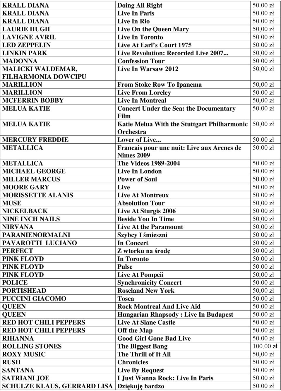 .. 50,00 zł MADONNA Confession Tour MALICKI WALDEMAR, Live In Warsaw 2012 50,00 zł FILHARMONIA DOWCIPU MARILLION From Stoke Row To Ipanema 50,00 zł MARILLION Live From Loreley MCFERRIN BOBBY Live In