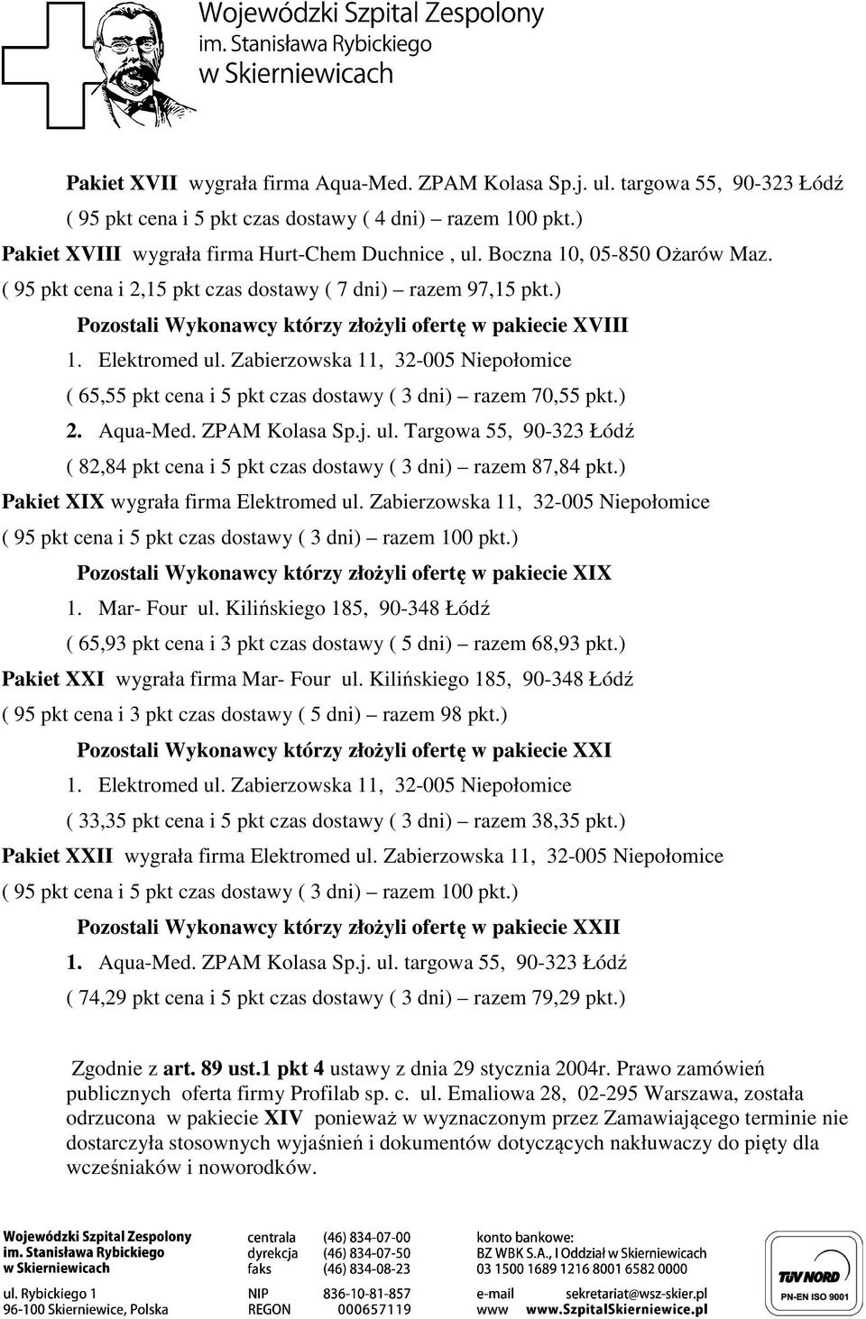 ) Pozostali Wykonawcy którzy złożyli ofertę w pakiecie XVIII ( 65,55 pkt cena i 5 pkt czas dostawy ( 3 dni) razem 70,55 pkt.) 2. Aqua-Med. ZPAM Kolasa Sp.j. ul.