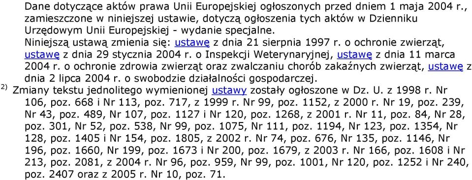 o ochronie zwierząt, ustawę z dnia 29 stycznia 2004 r. o Inspekcji Weterynaryjnej, ustawę z dnia 11 marca 2004 r.