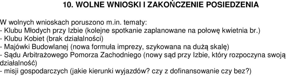 ) - Klubu Kobiet (brak działalności) - Majówki Budowlanej (nowa formuła imprezy, szykowana na dużą skalę) - Sądu