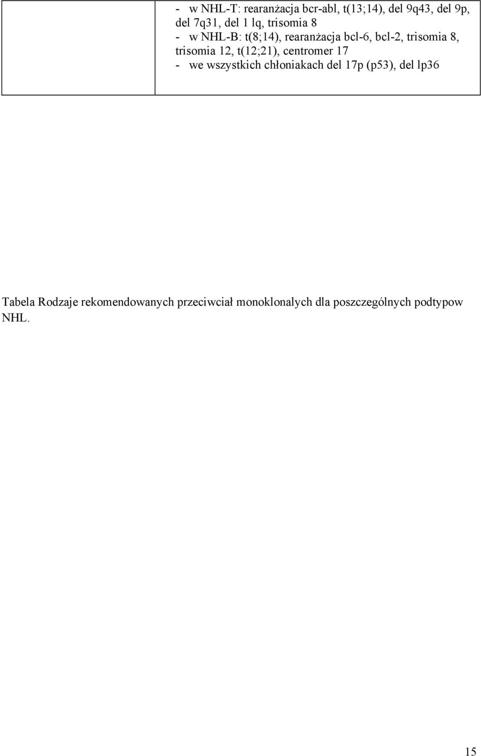 t(12;21), centromer 17 - we wszystkich chłoniakach del 17p (p53), del lp36 Tabela