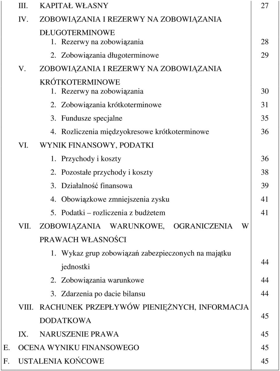 Przychody i koszty 36 2. Pozostałe przychody i koszty 38 3. Działalność finansowa 39 4. Obowiązkowe zmniejszenia zysku 41 5. Podatki rozliczenia z budŝetem 41 VII.