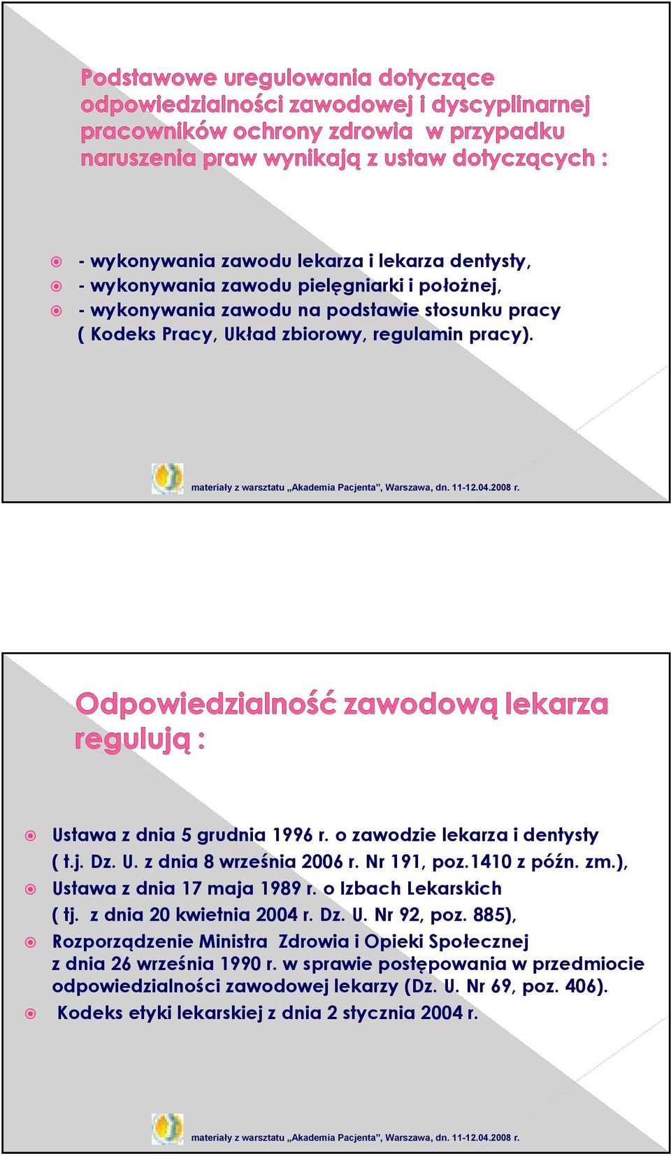 ), Ustawa z dnia 17 maja 1989 r. o Izbach Lekarskich ( tj. z dnia 20 kwietnia 2004 r. Dz. U. Nr 92, poz.