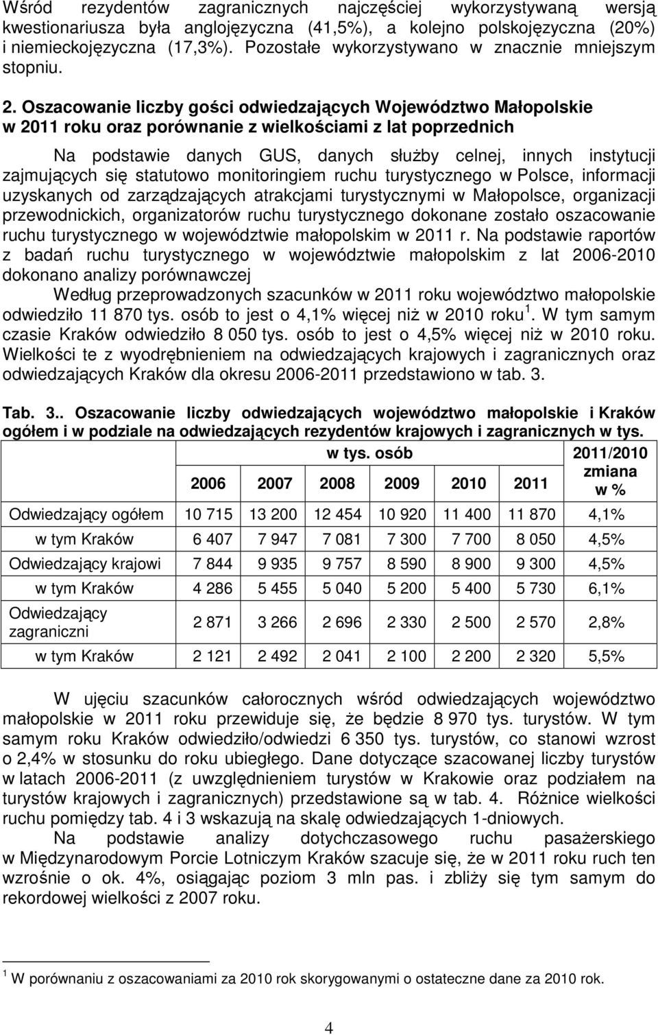 Oszacowanie liczby gości odwiedzających Województwo Małopolskie w 2011 roku oraz porównanie z wielkościami z lat poprzednich Na podstawie danych GUS, danych służby celnej, innych instytucji