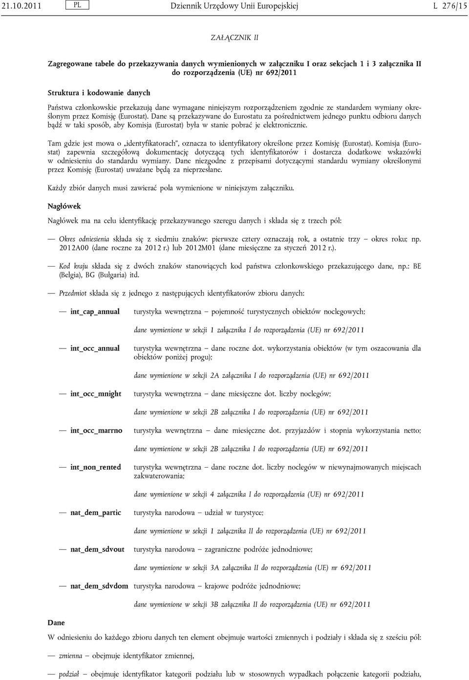 692/2011 Struktura i kodowanie danych Państwa członkowskie przekazują dane wymagane niniejszym rozporządzeniem zgodnie ze standardem wymiany określonym przez Komisję (Eurostat).