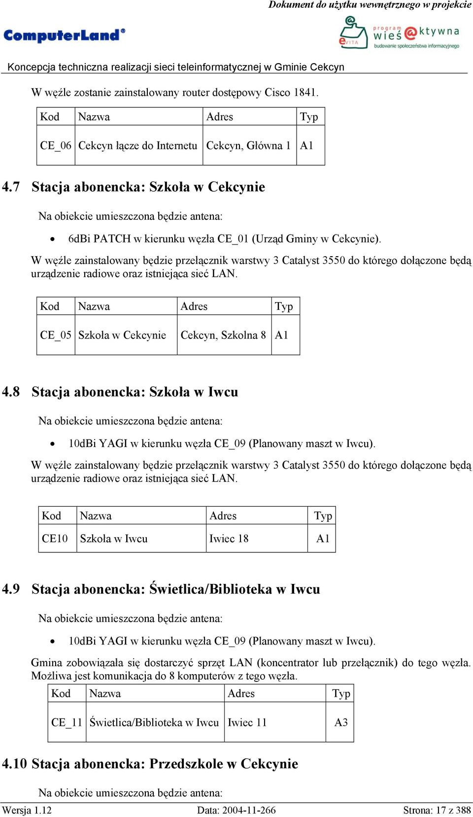 W węźle zainstalowany będzie przełącznik warstwy 3 Catalyst 3550 do którego dołączone będą urządzenie radiowe oraz istniejąca sieć LAN.