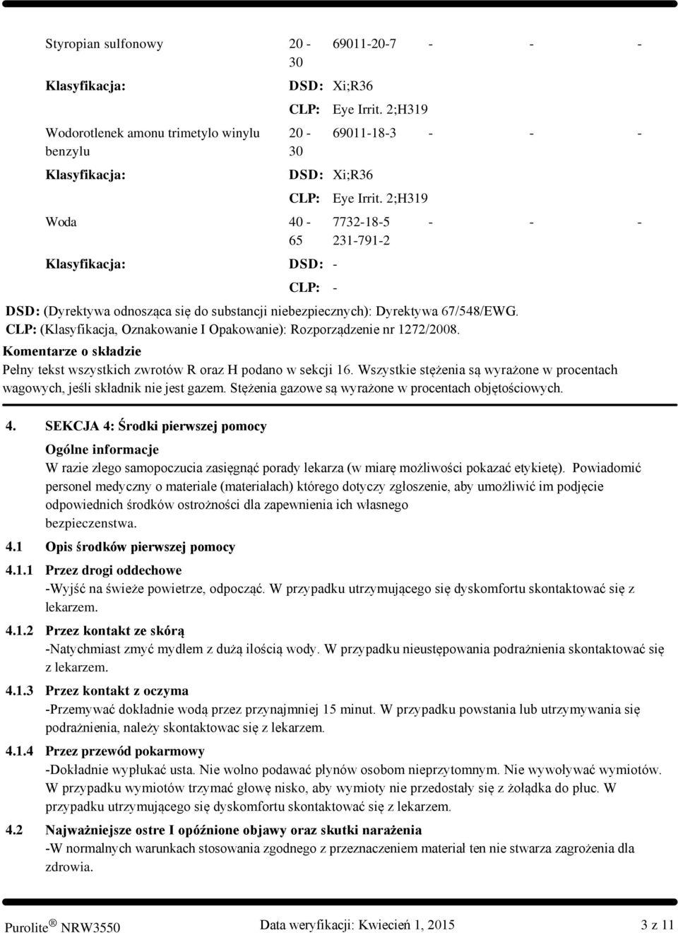 2;H319 CLP: - 7732-18-5 231-791-2 DSD: (Dyrektywa odnosząca się do substancji niebezpiecznych): Dyrektywa 67/548/EWG. CLP: (Klasyfikacja, Oznakowanie I Opakowanie): Rozporządzenie nr 1272/2008.