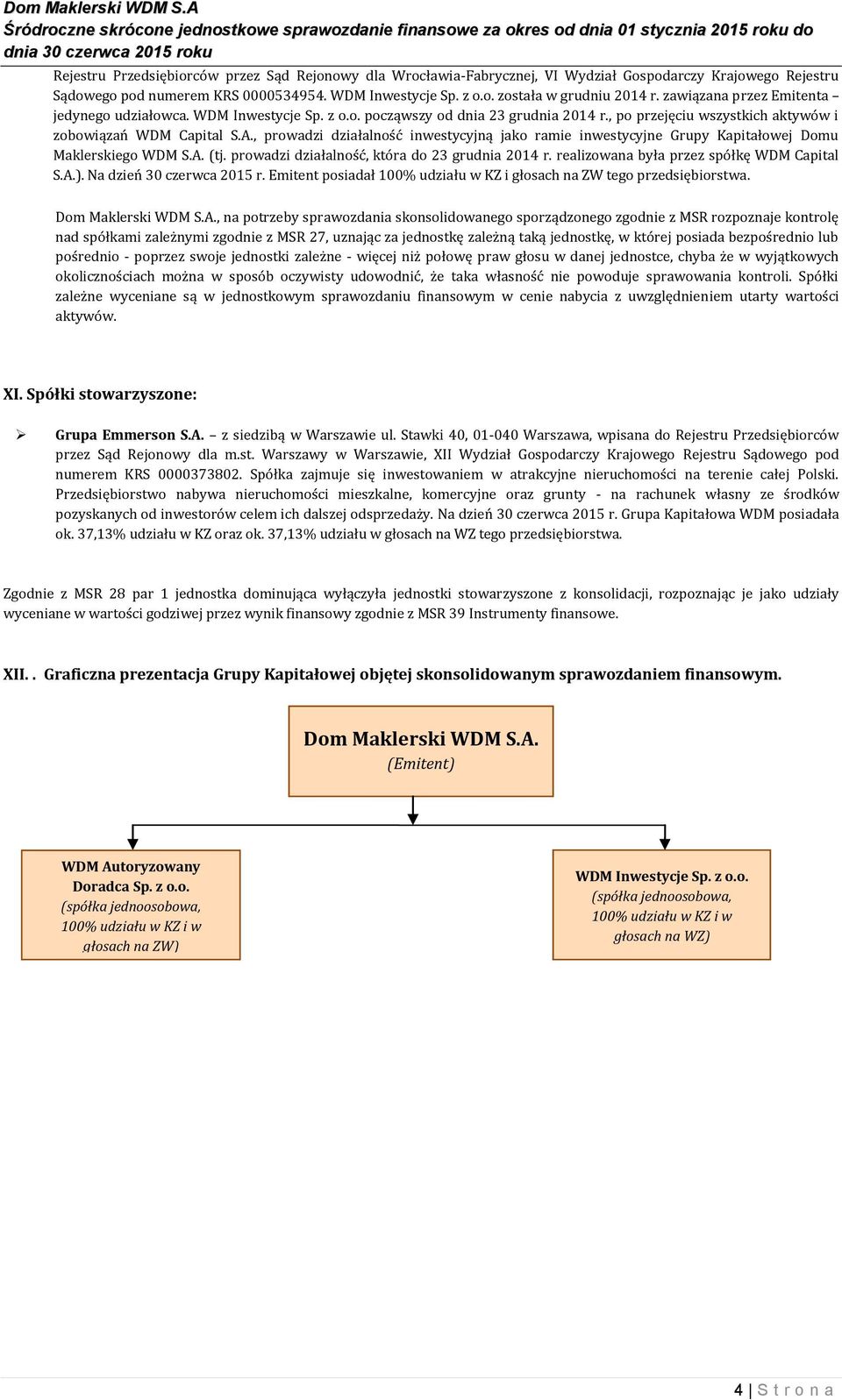 , prowadzi działalność inwestycyjną jako ramie inwestycyjne Grupy Kapitałowej Domu Maklerskiego WDM S.A. (tj. prowadzi działalność, która do 23 grudnia 2014 r.