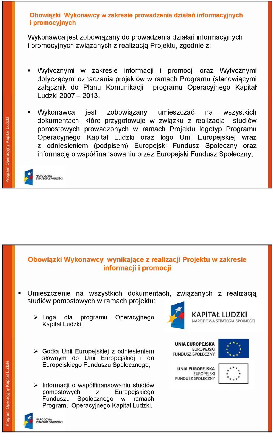 Ludzki 2007 2013, Wykonawca jest zobowiązany umieszczać na wszystkich dokumentach, które przygotowuje w związku z realizacją studiów pomostowych prowadzonych w ramach Projektu logotyp Programu