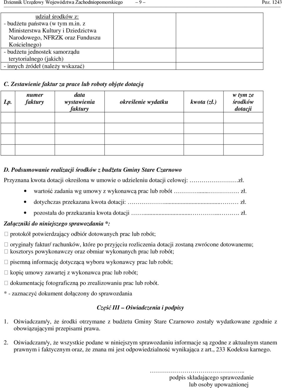 Zestawienie faktur za prace lub roboty objęte dotacją Lp. numer faktury data wystawienia faktury określenie wydatku kwota (zł.) w tym ze środków dotacji D.
