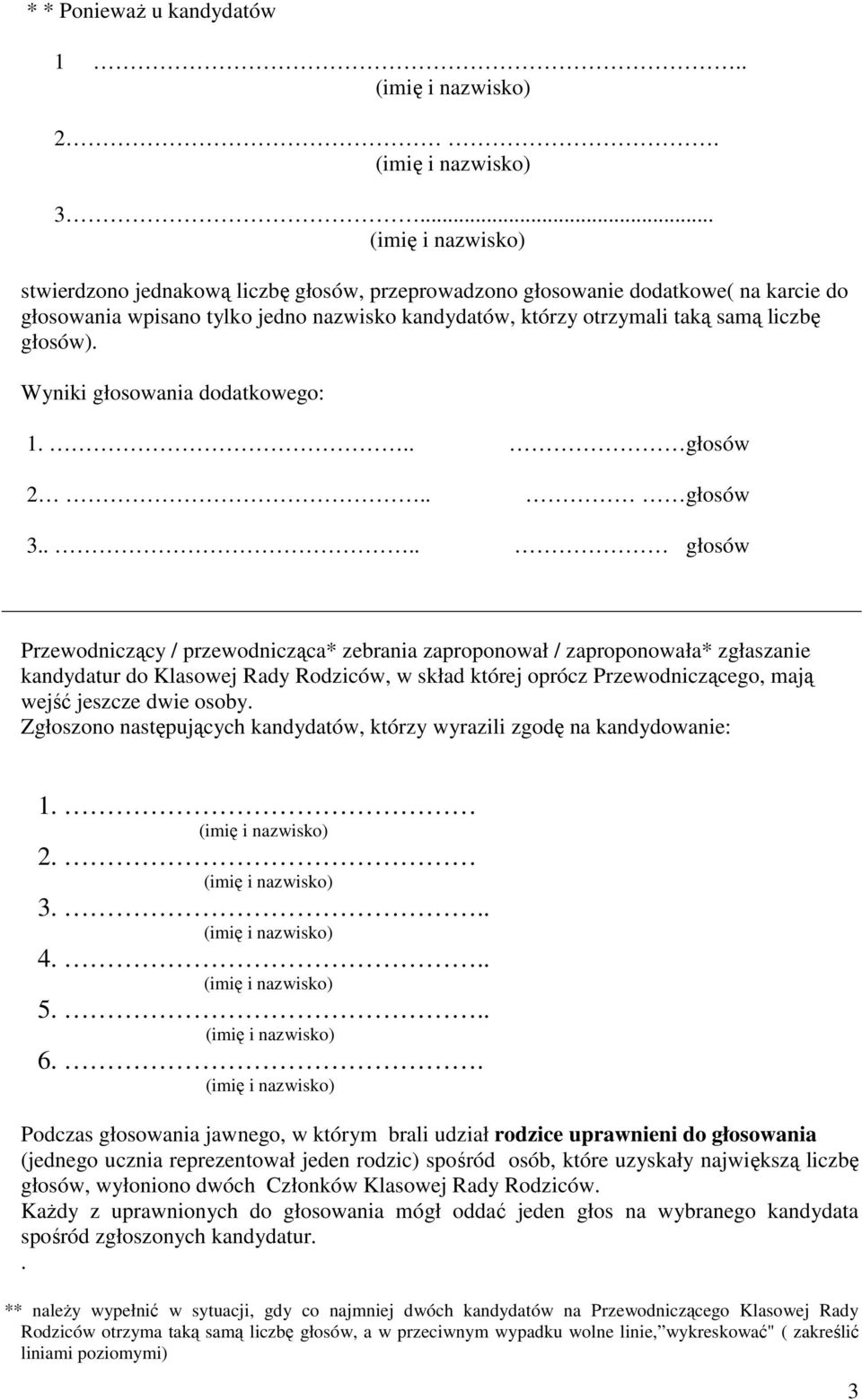 Wyniki głosowania dodatkowego: 1... głosów 2.. głosów 3.