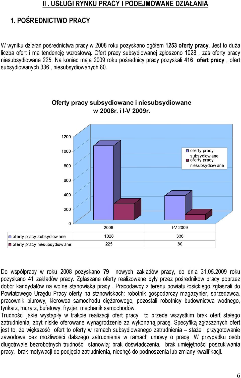 Na koniec maja 2009 roku pośrednicy pracy pozyskali 416 ofert pracy, ofert subsydiowanych 336, niesubsydiowanych 80. Oferty pracy subsydiowane i niesubsydiowane w 2008r. i I-V 2009r.