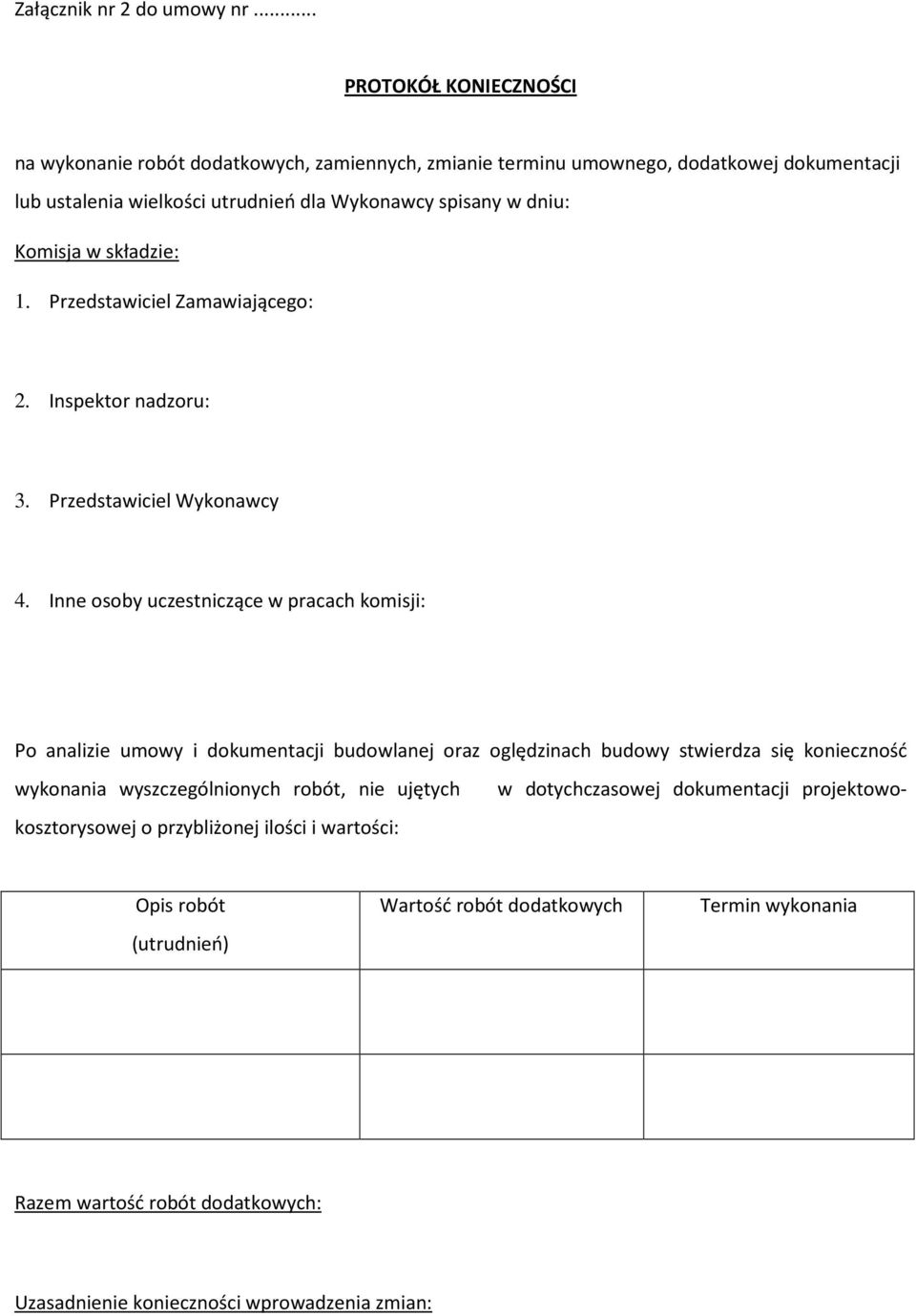 Komisja w składzie: 1. Przedstawiciel Zamawiającego: 2. Inspektor nadzoru: 3. Przedstawiciel Wykonawcy 4.