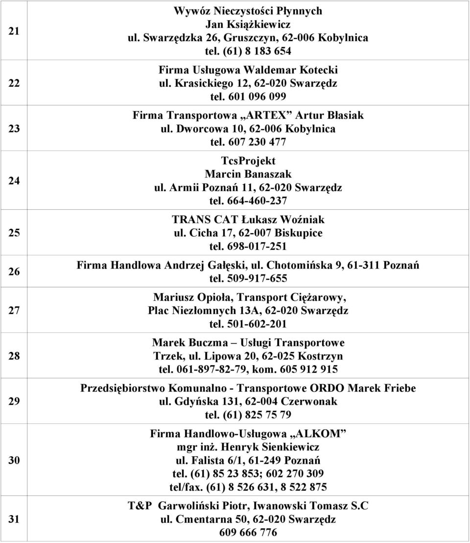 664-460-237 TRANS CAT Łukasz Woźniak ul. Cicha 17, 62-007 Biskupice tel. 698-017-251 Firma Handlowa Andrzej Gałęski, ul. Chotomińska 9, 61-311 Poznań tel.