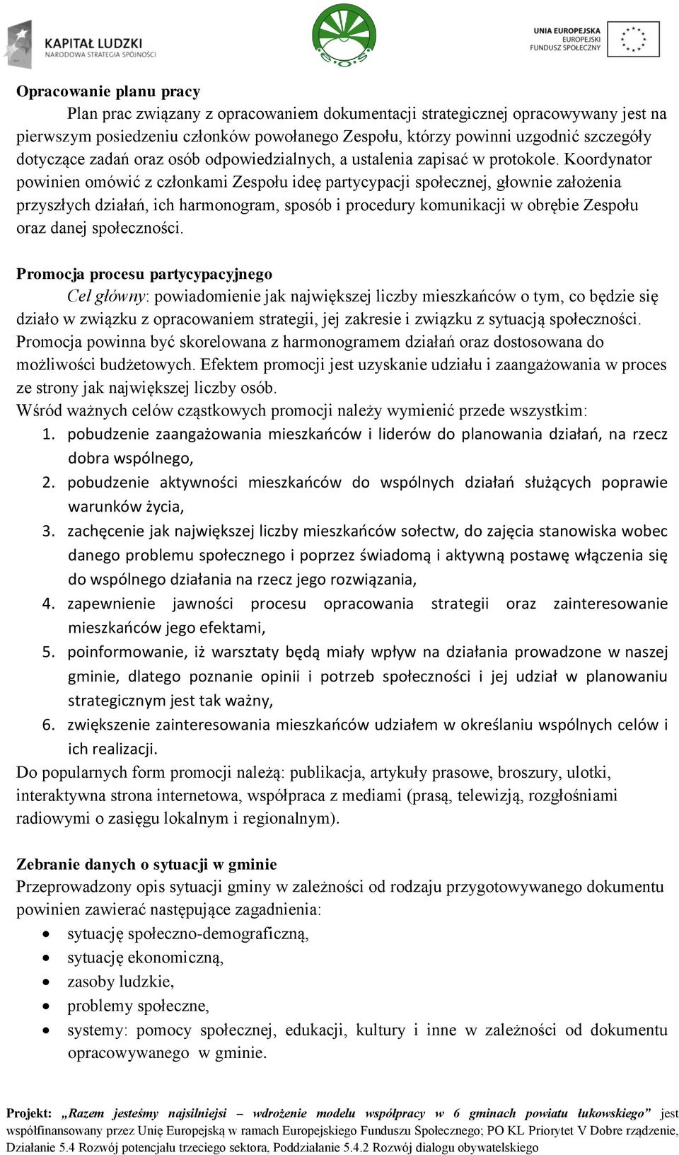 Koordynator powinien omówić z członkami Zespołu ideę partycypacji społecznej, głownie założenia przyszłych działań, ich harmonogram, sposób i procedury komunikacji w obrębie Zespołu oraz danej