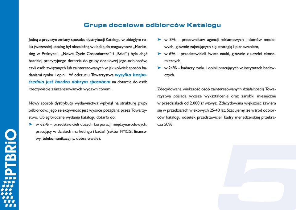 W odczuciu Towarzystwa wysy ka bezpo- w 8% pracowników agencji reklamowych i domów mediowych, g ownie zajmujàcych si strategià i planowaniem, w 6% przedstawicieli Êwiata nauki, g ównie z uczelni